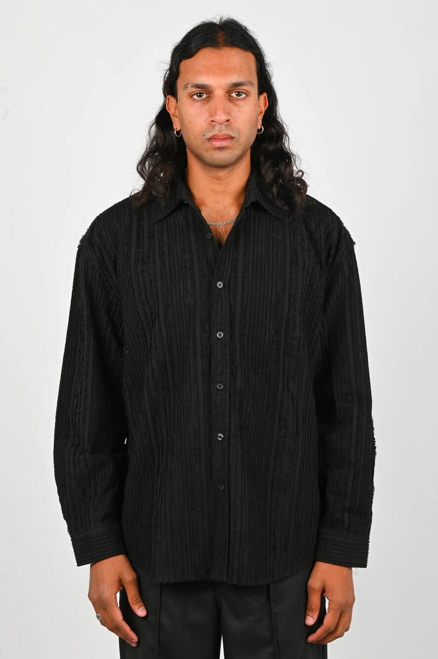 Beach Brains Mens Large Black Drop Stripe Cotton Linen Long Sleeve Shirt V7-1